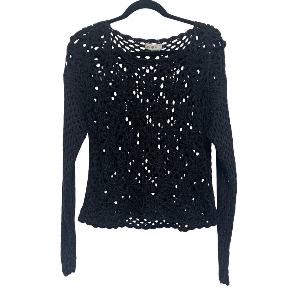 Vintage Esprit Y2K Black Flower Crochet Sweater Size S? Open Knit Pullover